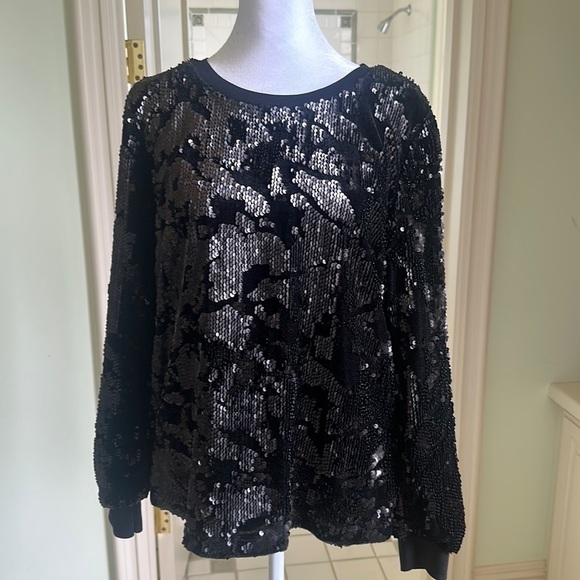 Le Gali Elisa Sequined Velvet Long Sleeve Black Blouse Size Medium Party Festive - Picture 3 of 8
